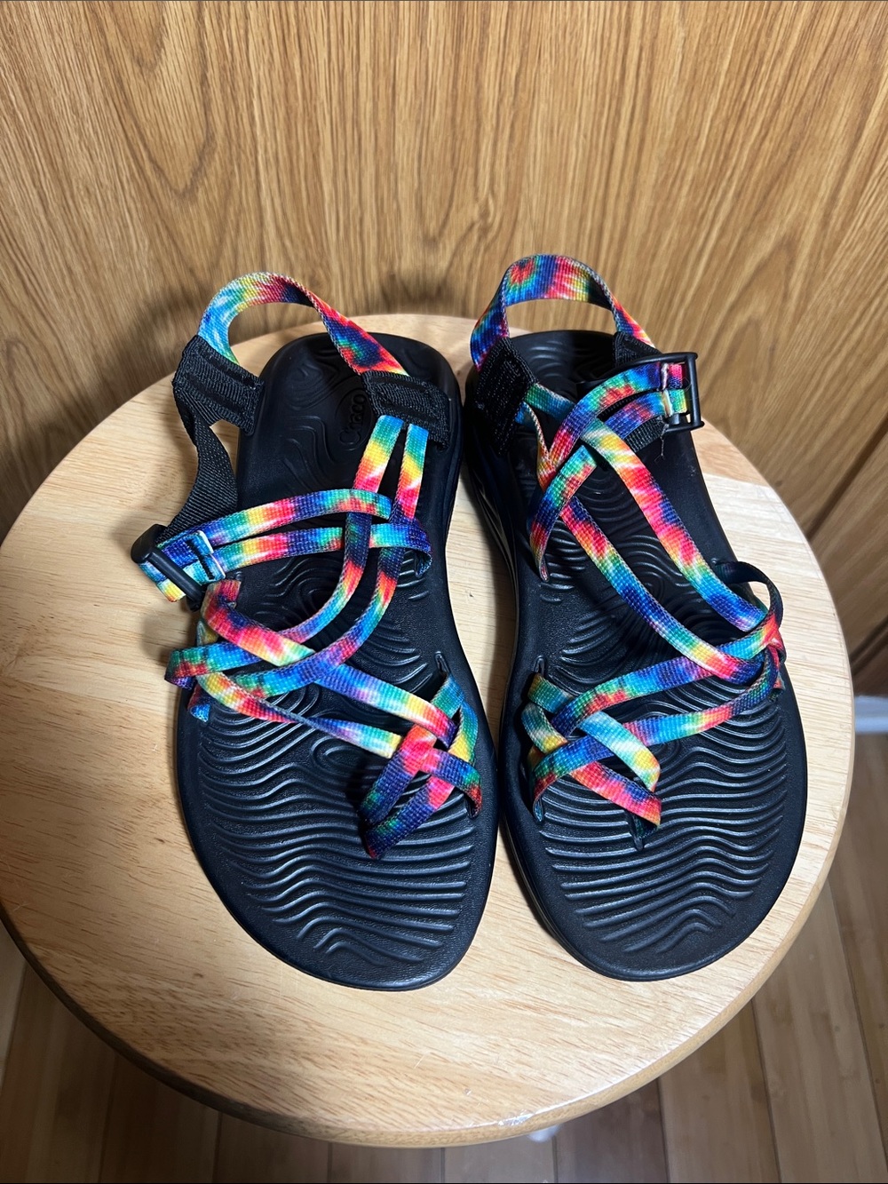 Chaco Women's Black Sandals with Rainbow Tie-Dye Straps